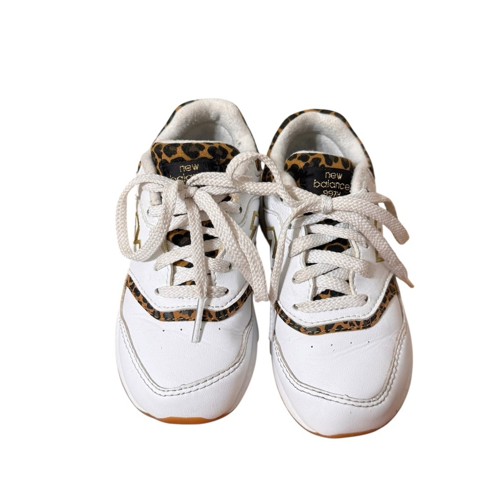 New Balance Kids White Sneakers with Gold Accents and Leopard Trim - Picture 2 of 7